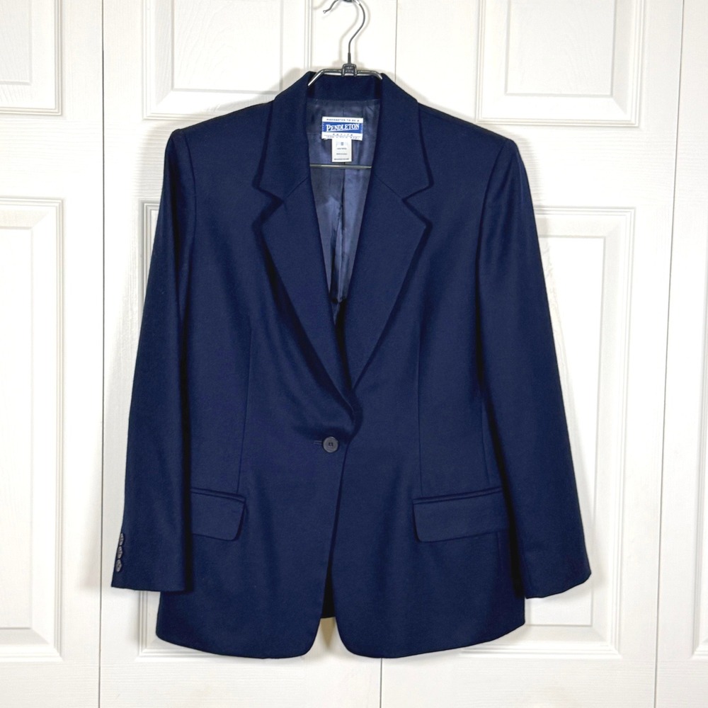 Pendleton Petite Navy Blue 100% Virgin Wool Blazer Jacket Vintage USA Made 10P
